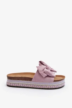 Klapki Damskie Na Platformie Z Kokardą Fioletowe Evatria