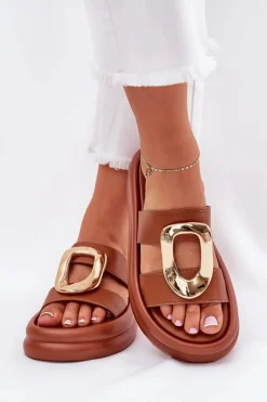 Klapki Damskie Na Platformie Ze Złotym Detalem Camel Ularinea