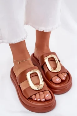 Klapki Damskie Na Platformie Ze Złotym Detalem Camel Ularinea