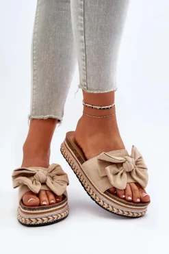 Klapki Damskie Na Platformie Z Kokardą Beżowe Evatria