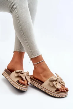 Klapki Damskie Na Platformie Z Kokardą Beżowe Evatria