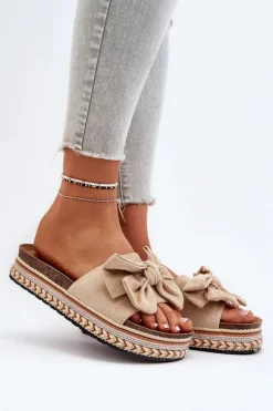 Klapki Damskie Na Platformie Z Kokardą Beżowe Evatria