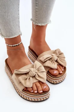 Klapki Damskie Na Platformie Z Kokardą Beżowe Evatria
