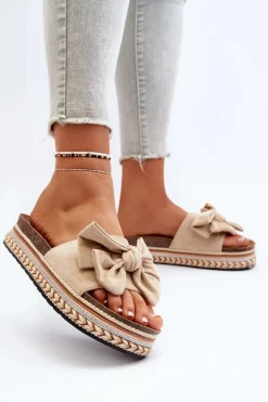 Klapki Damskie Na Platformie Z Kokardą Beżowe Evatria
