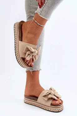 Klapki Damskie Na Platformie Z Kokardą Beżowe Evatria