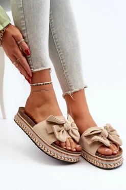 Klapki Damskie Na Platformie Z Kokardą Beżowe Evatria