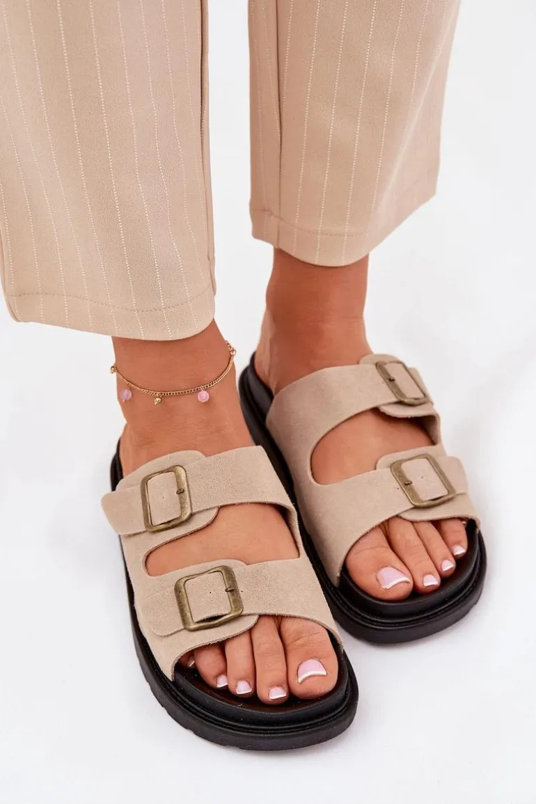 Klapki Damskie Na Platformie Z Klamrami Beżowe Simbes