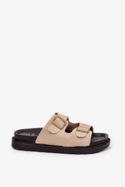 Klapki Damskie Na Platformie Z Klamrami Beżowe Simbes