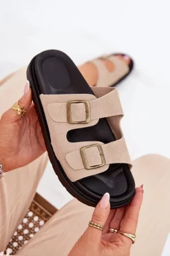 Klapki Damskie Na Platformie Z Klamrami Beżowe Simbes