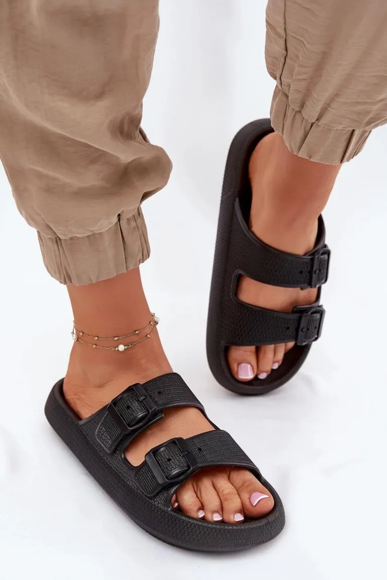 Klapki Damskie Na Platformie Z Klamrami Czarne Nitiana