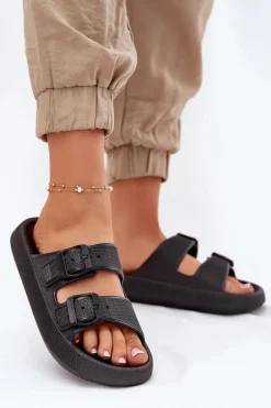 Klapki Damskie Na Platformie Z Klamrami Czarne Nitiana