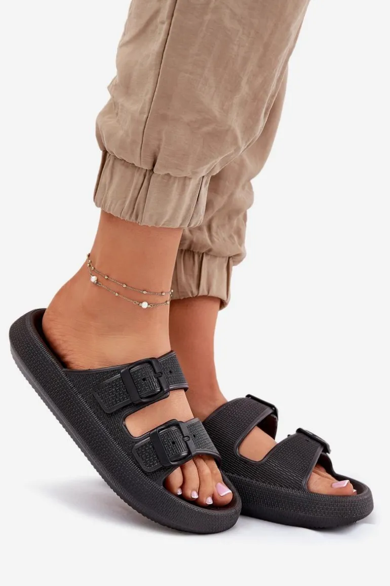 Klapki Damskie Na Platformie Z Klamrami Czarne Nitiana