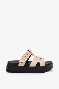 Klapki Damskie Na Platformie Z Paskami I Klamrą Beżowe Elimessa