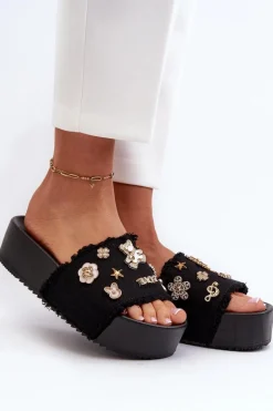 Klapki Damskie Na Platformie Z Przypinkami Czarne Zranesia