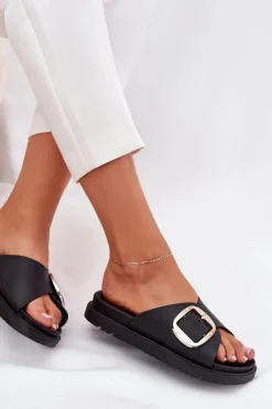 Klapki Damskie Na Platformie Ze Złotą Klamrą Czarne Jovira