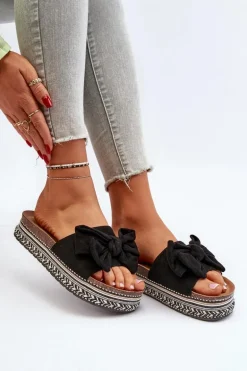 Klapki Damskie Na Platformie Z Kokardą Czarne Evatria