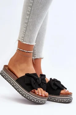 Klapki Damskie Na Platformie Z Kokardą Czarne Evatria