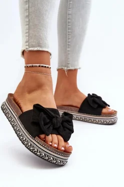 Klapki Damskie Na Platformie Z Kokardą Czarne Evatria