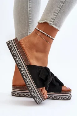 Klapki Damskie Na Platformie Z Kokardą Czarne Evatria