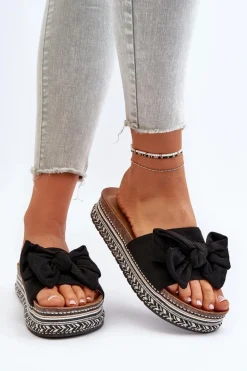 Klapki Damskie Na Platformie Z Kokardą Czarne Evatria