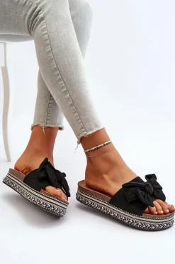 Klapki Damskie Na Platformie Z Kokardą Czarne Evatria