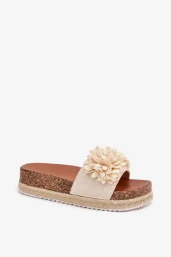 Klapki Damskie Na Platformie Z Ozdobnymi Kwiatkami Beżowe Tessara