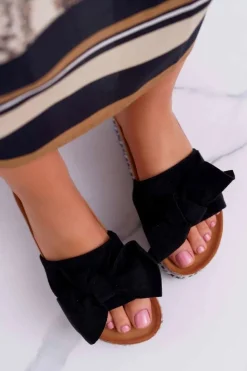 Klapki Damskie Na Platformie Z Kokardą Czarne Chantal