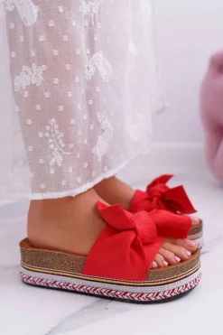 Klapki Damskie Na Platformie Z Kokardą Czerwone Chantal