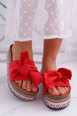 Klapki Damskie Na Platformie Z Kokardą Czerwone Chantal