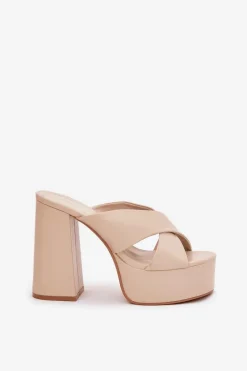 Klapki Damskie Na Platformie I Słupku Beżowe Lenobos