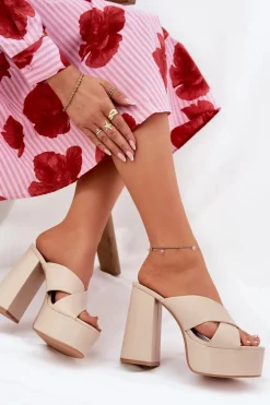 Klapki Damskie Na Platformie I Słupku Beżowe Lenobos