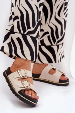 Klapki Damskie Na Platformie Ze Złotymi Klamrami Beżowe Tersele