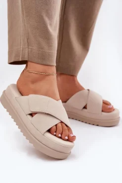 Klapki Damskie Na Platformie Z Przeplatającymi Się Paskami Beżowe Rinasara