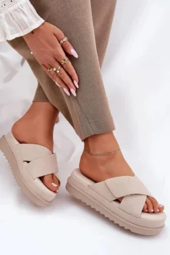 Klapki Damskie Na Platformie Z Przeplatającymi Się Paskami Beżowe Rinasara