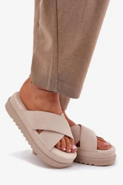 Klapki Damskie Na Platformie Z Przeplatającymi Się Paskami Beżowe Rinasara