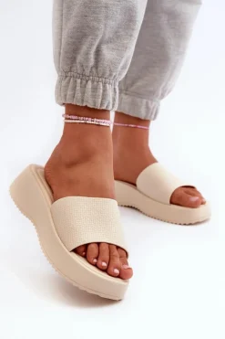 Klapki Damskie Na Platformie I Koturnie Jasnobeżowe Vimarils