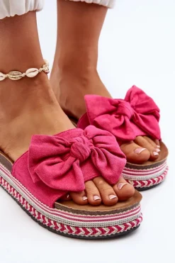 Klapki Damskie Na Platformie Z Kokardą Fuksja Evatria