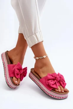 Klapki Damskie Na Platformie Z Kokardą Fuksja Evatria