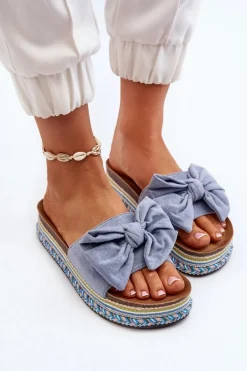 Klapki Damskie Na Platformie Z Kokardą Niebieskie Evatria