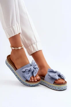 Klapki Damskie Na Platformie Z Kokardą Niebieskie Evatria
