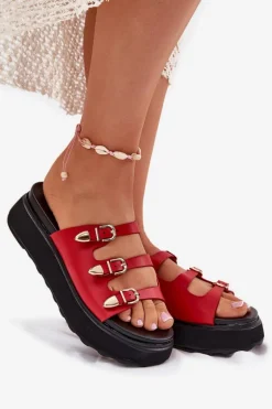 Klapki Damskie Na Platformie Z Paskami Czerwone Nimiotte
