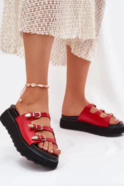 Klapki Damskie Na Platformie Z Paskami Czerwone Nimiotte