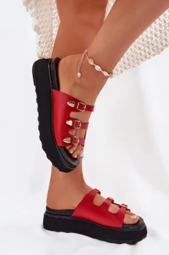 Klapki Damskie Na Platformie Z Paskami Czerwone Nimiotte