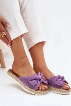Klapki Damskie Na Platformie Z Plecionką I Kokardką Fioletowe Alpireda