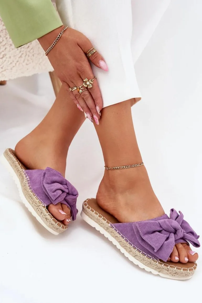 Klapki Damskie Na Platformie Z Plecionką I Kokardką Fioletowe Alpireda