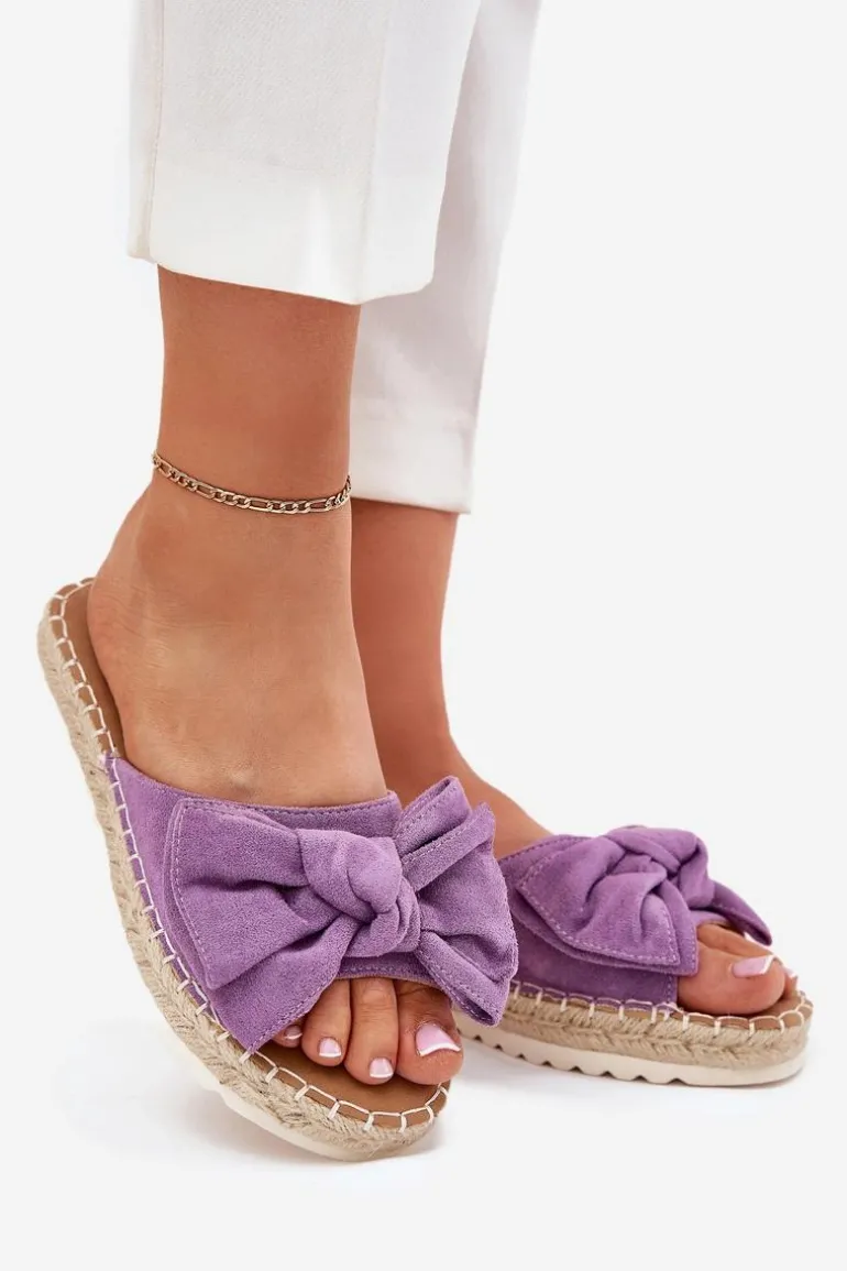 Klapki Damskie Na Platformie Z Plecionką I Kokardką Fioletowe Alpireda