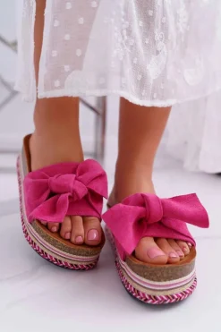 Klapki Damskie Na Platformie Z Kokardą Fuksja Chantal