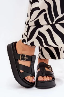 Klapki Damskie Na Platformie Z Paskami I Klamrą Czarne Elimessa