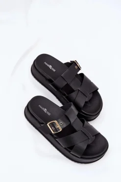 Klapki Damskie Na Platformie Z Paskami I Klamrą Czarne Elimessa