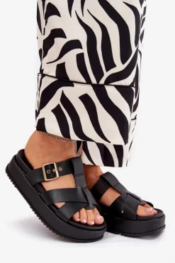 Klapki Damskie Na Platformie Z Paskami I Klamrą Czarne Elimessa